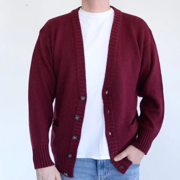 Vintage '90s Leishman Maroon Knit Eclectic Grandpa Button Up Cardigan Sweater S - Picture 1 of 11
